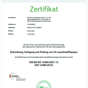 Zertifikat für Entwicklung, Fertigung und Prüfung von UV-Leuchtstofflampen